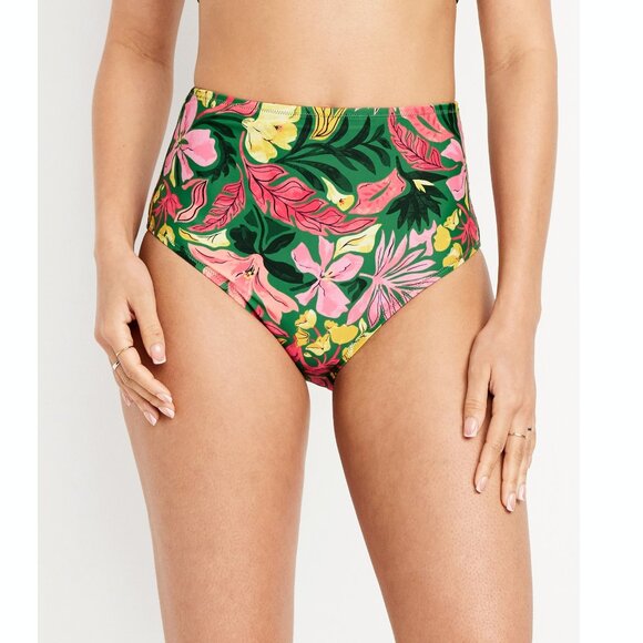 Matte High-Waisted Old Navy Bikini Swim Bottoms in Green Floral - Picture 1 of 2